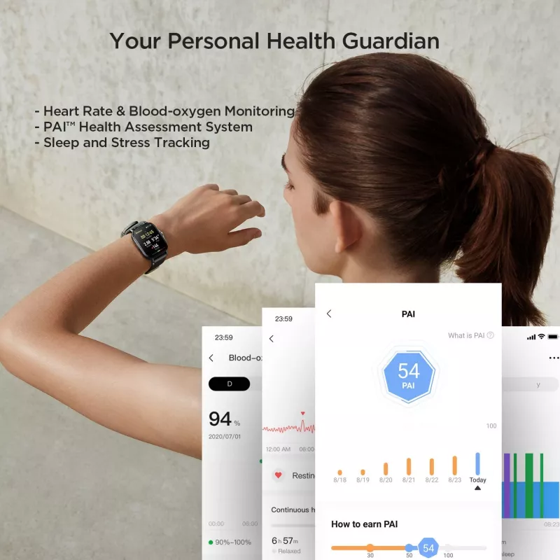 Amazfit GTS 2 išmanusis laikrodis, 4,19 cm (1,65 col.) AMOLED, 43 mm, GPS, skambučiai per Bluetooth, 5 ATM, Midnight Black