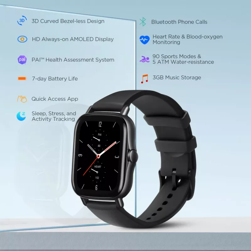 Amazfit GTS 2 išmanusis laikrodis, 4,19 cm (1,65 col.) AMOLED, 43 mm, GPS, skambučiai per Bluetooth, 5 ATM, Midnight Black