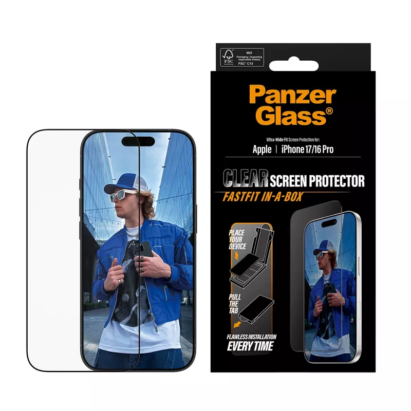 PanzerGlass ® ekrano apsauga iPhone 17 | iPhone 16 Pro | Ultra-Wide Fit su FASTFIT IN-A-BOX