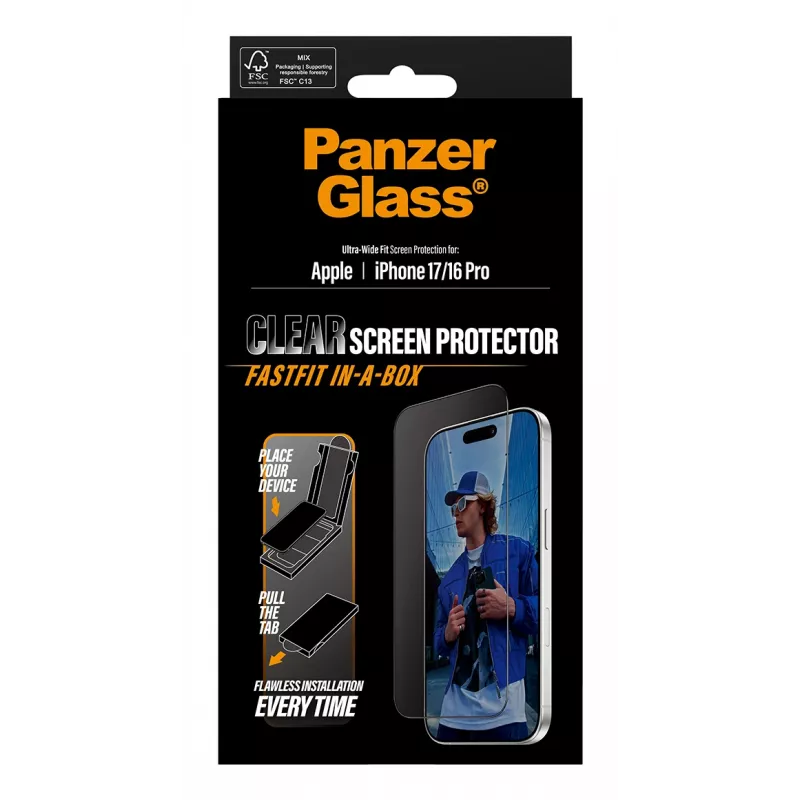 PanzerGlass ® ekrano apsauga iPhone 17 | iPhone 16 Pro | Ultra-Wide Fit su FASTFIT IN-A-BOX