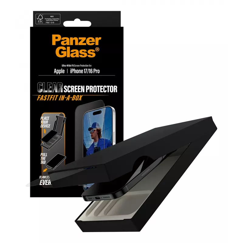 PanzerGlass ® ekrano apsauga iPhone 17 | iPhone 16 Pro | Ultra-Wide Fit su FASTFIT IN-A-BOX