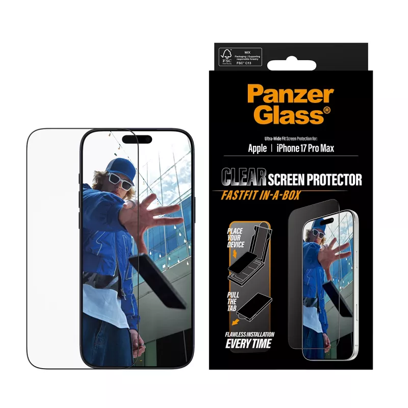 PanzerGlass ® ekrano apsauga iPhone 17 Pro Max | Ultra-Wide Fit su FASTFIT IN-A-BOX