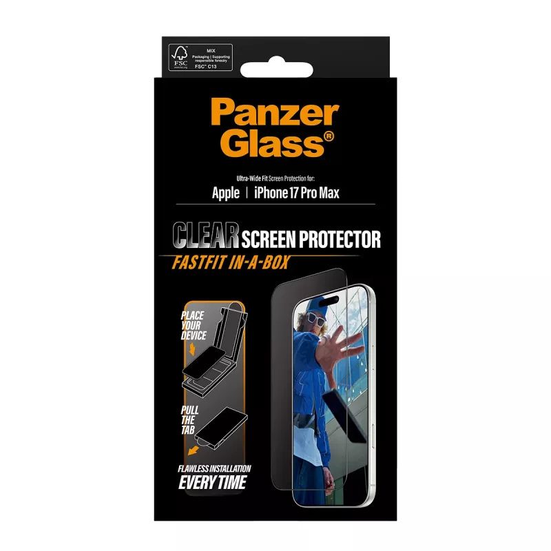 PanzerGlass ® ekrano apsauga iPhone 17 Pro Max | Ultra-Wide Fit su FASTFIT IN-A-BOX