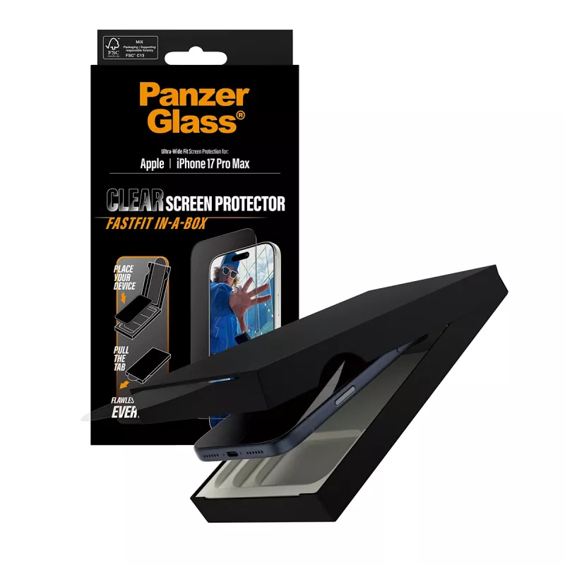 PanzerGlass ® ekrano apsauga iPhone 17 Pro Max | Ultra-Wide Fit su FASTFIT IN-A-BOX