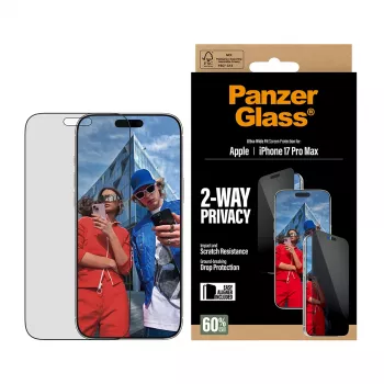 PanzerGlass 2-Way Privacy apsauginis stiklas, skirtas iPhone 17 Pro Max – grūdintas stiklas, itin platus dengimas, EasyAligner