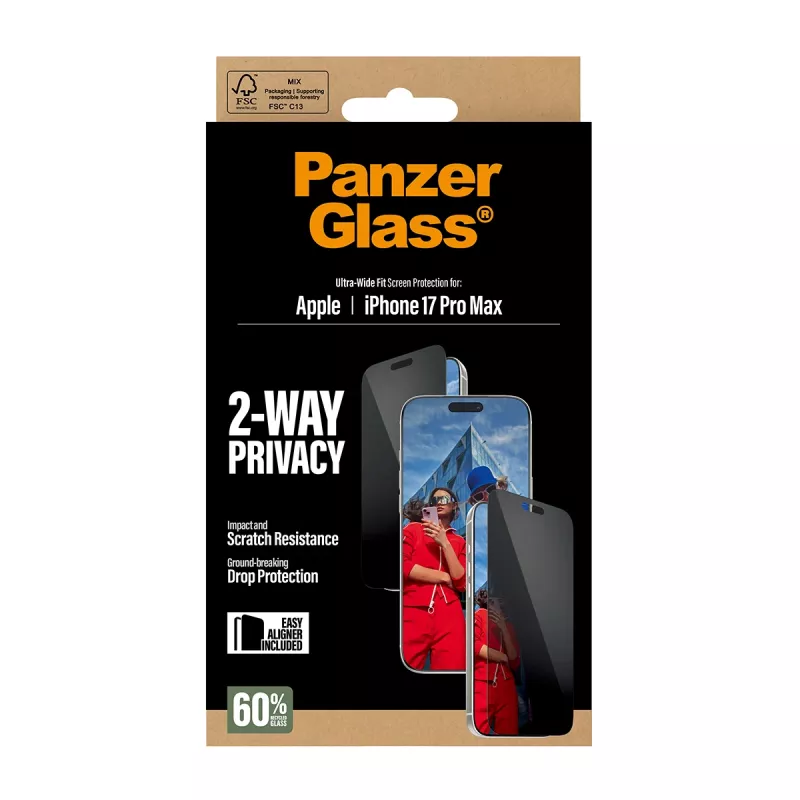 PanzerGlass 2-Way Privacy apsauginis stiklas, skirtas iPhone 17 Pro Max – grūdintas stiklas, itin platus dengimas, EasyAligner