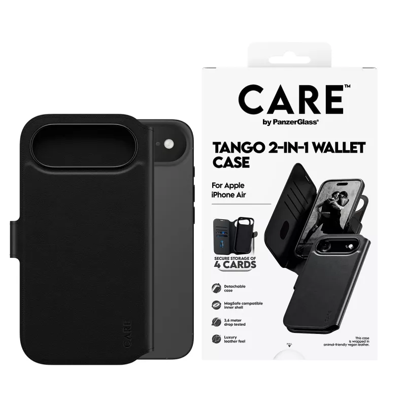 PanzerGlass CARE Tango 2-in-1 dėklas su pinigine ir MagSafe, skirtas iPhone Air, juodas