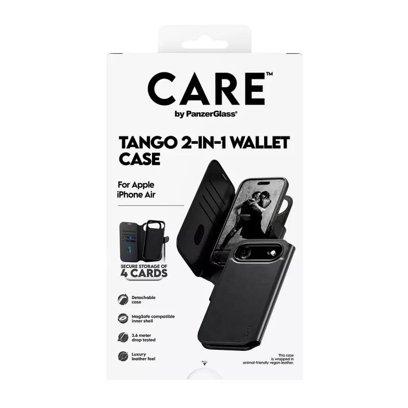 PanzerGlass CARE Tango 2-in-1 dėklas su pinigine ir MagSafe, skirtas iPhone Air, juodas