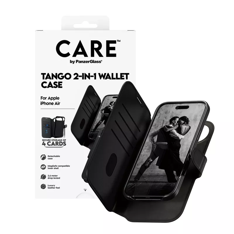 PanzerGlass CARE Tango 2-in-1 dėklas su pinigine ir MagSafe, skirtas iPhone Air, juodas