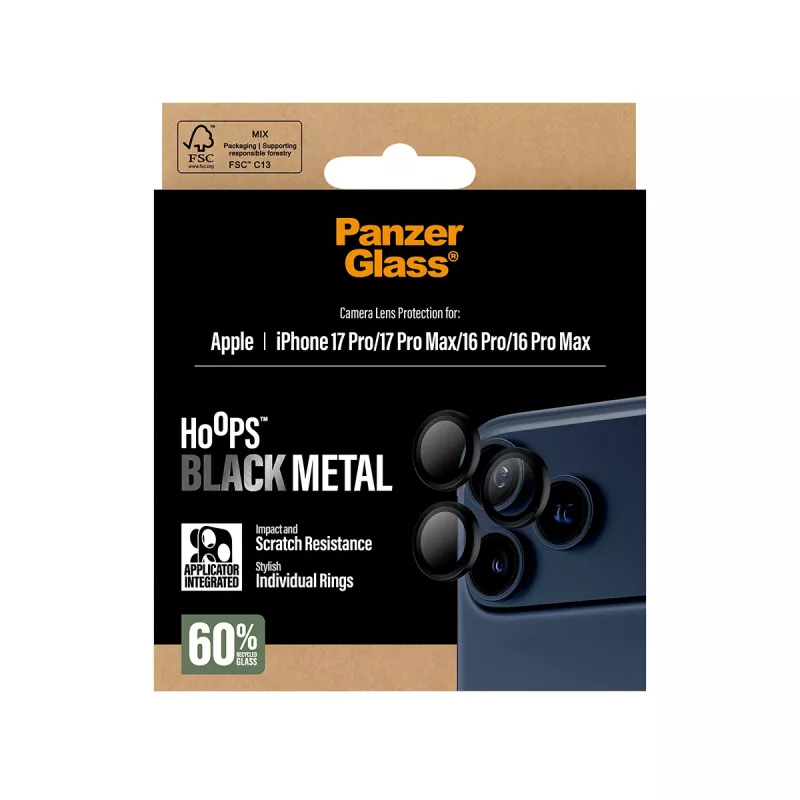 PanzerGlass® Hoops® fotoaparato objektyvo apsauga juoda, skirta iPhone 17 Pro / iPhone 17 Pro Max / iPhone 16 Pro / 16 Pro Max