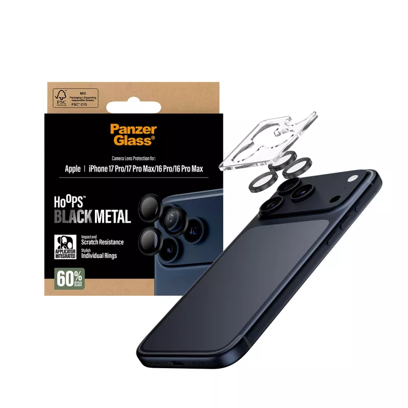 PanzerGlass® Hoops® fotoaparato objektyvo apsauga juoda, skirta iPhone 17 Pro / iPhone 17 Pro Max / iPhone 16 Pro / 16 Pro Max