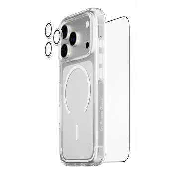 Apsaugos rinkinys PanzerGlass CARE 3-in-1 Flagship Explorer, skirtas iPhone 17 Pro – grūdintas stiklas, PET, silikonas, skaidrus