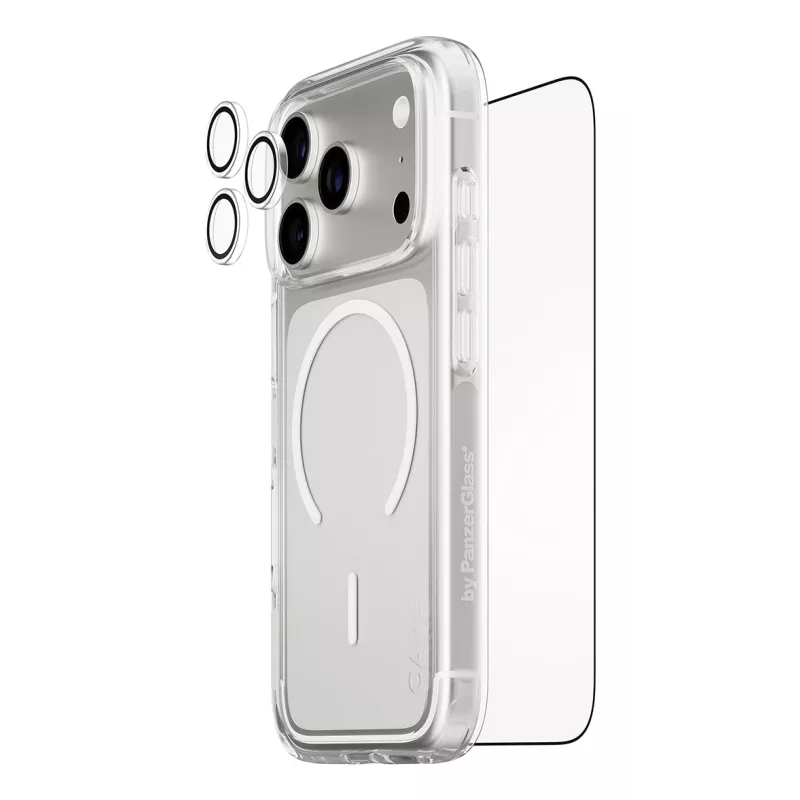 Apsaugos rinkinys PanzerGlass CARE 3-in-1 Flagship Explorer, skirtas iPhone 17 Pro – grūdintas stiklas, PET, silikonas, skaidrus