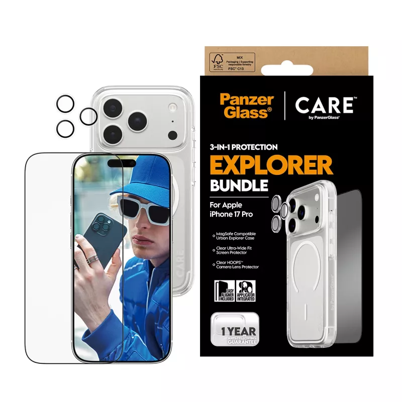 Apsaugos rinkinys PanzerGlass CARE 3-in-1 Flagship Explorer, skirtas iPhone 17 Pro – grūdintas stiklas, PET, silikonas, skaidrus