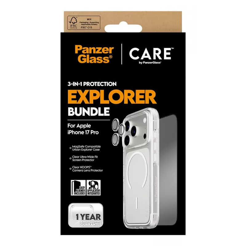 Apsaugos rinkinys PanzerGlass CARE 3-in-1 Flagship Explorer, skirtas iPhone 17 Pro – grūdintas stiklas, PET, silikonas, skaidrus