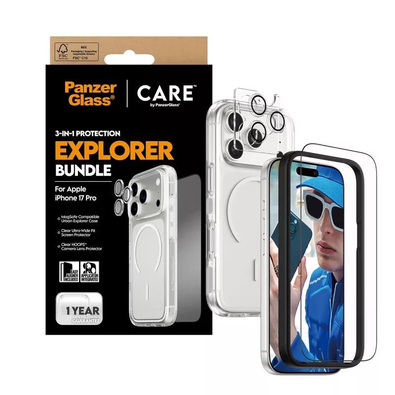 Apsaugos rinkinys PanzerGlass CARE 3-in-1 Flagship Explorer, skirtas iPhone 17 Pro – grūdintas stiklas, PET, silikonas, skaidrus