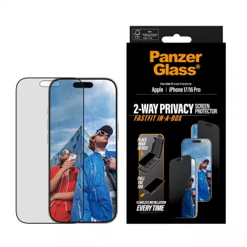 Privatumo ekrano apsauga PanzerGlass iPhone 17 / iPhone 16 Pro — Ultra-Wide Fit, grūdintas stiklas + PET, FASTFIT