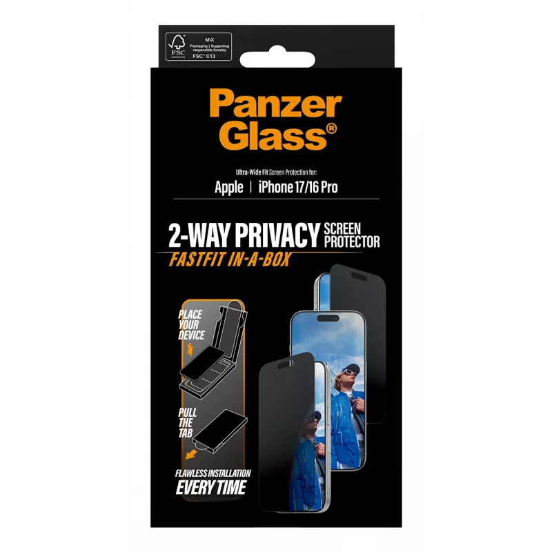 Privatumo ekrano apsauga PanzerGlass iPhone 17 / iPhone 16 Pro — Ultra-Wide Fit, grūdintas stiklas + PET, FASTFIT