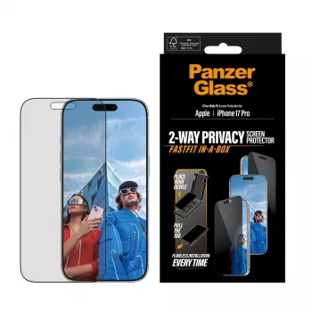 Apsauginis stiklas PanzerGlass 2-Way Privacy, skirtas iPhone 17 Pro – Ultra-Wide Fit, grūdintas stiklas, privatumo filtras, FASTFIT