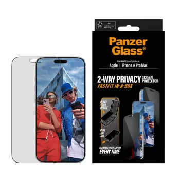 Apsauginis stiklas PanzerGlass 2-Way Privacy, skirtas iPhone 17 Pro Max — grūdintas stiklas, itin platus dengimas, FASTFIT