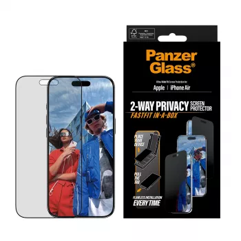 Apsauginis stiklas PanzerGlass Privacy iPhone Air – grūdintas stiklas, itin platus dengimas, privatumo filtras, FASTFIT