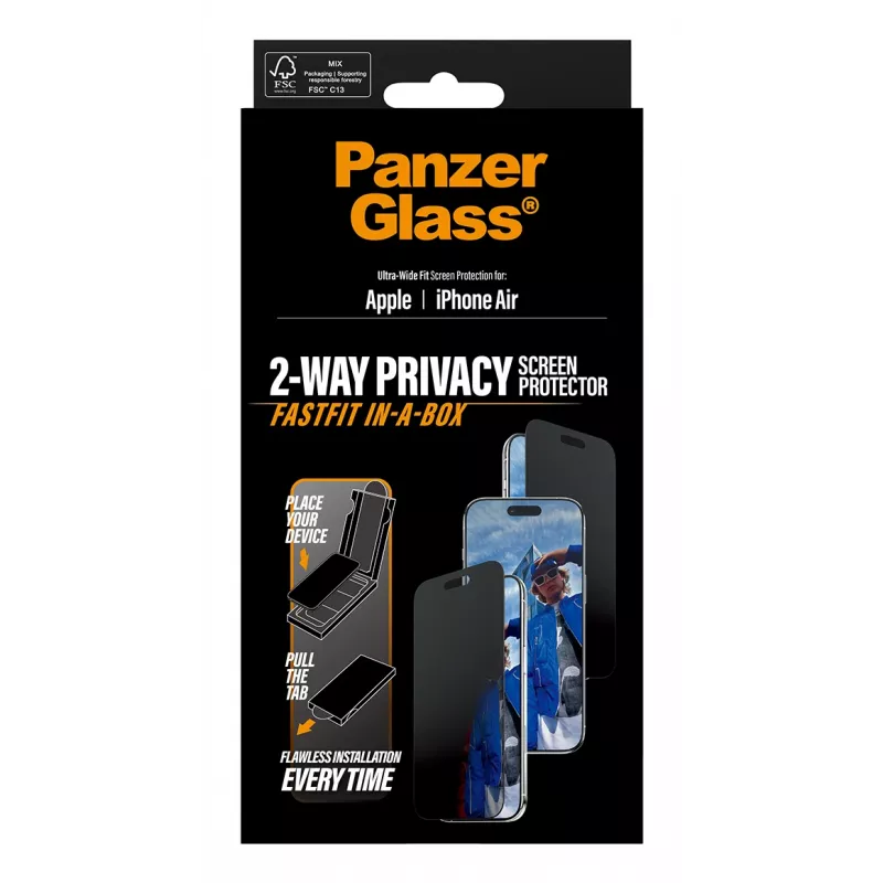 Apsauginis stiklas PanzerGlass Privacy iPhone Air – grūdintas stiklas, itin platus dengimas, privatumo filtras, FASTFIT