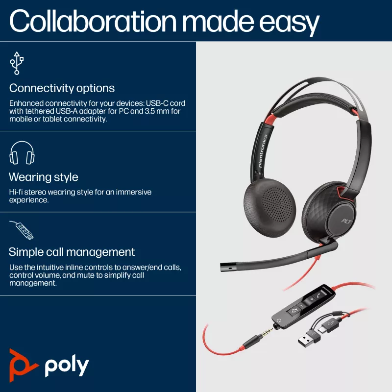 HP Poly Blackwire 5220 Stereo USB-C ausinės su 3,5 mm kištuku ir USB-C/A adapteriu