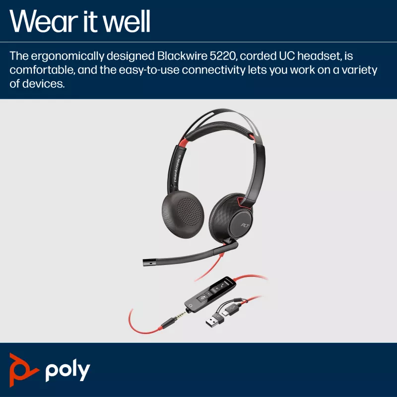 HP Poly Blackwire 5220 Stereo USB-C ausinės su 3,5 mm kištuku ir USB-C/A adapteriu