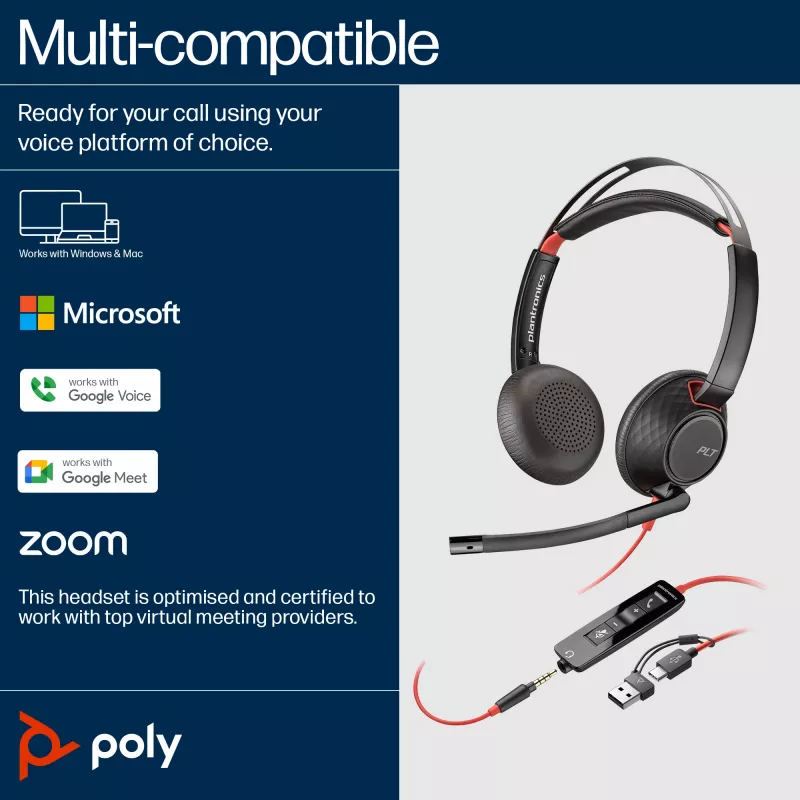 HP Poly Blackwire 5220 Stereo USB-C ausinės su 3,5 mm kištuku ir USB-C/A adapteriu