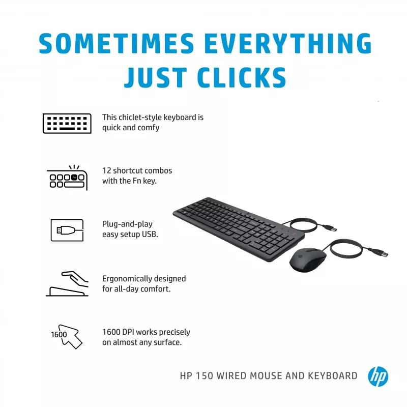 HP 150 laidinis pelių ir klaviatūrų rinkinys
