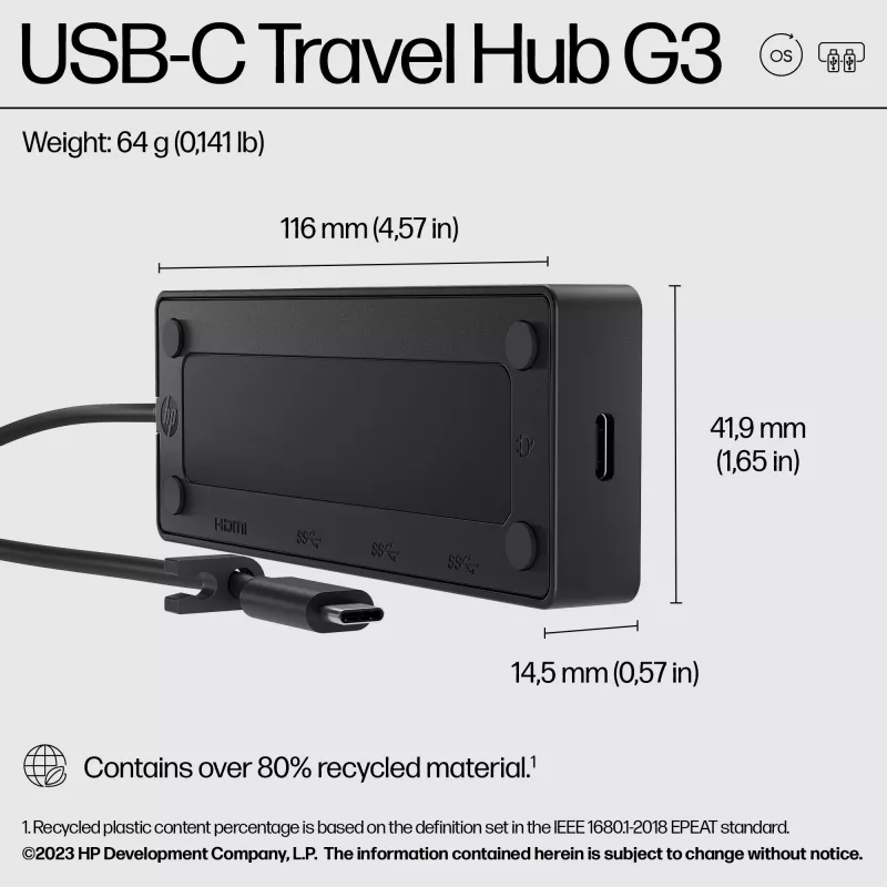 HP USB-C Travel Hub G3, USB 3.2 Gen 2, HDMI, USB-A, USB-C