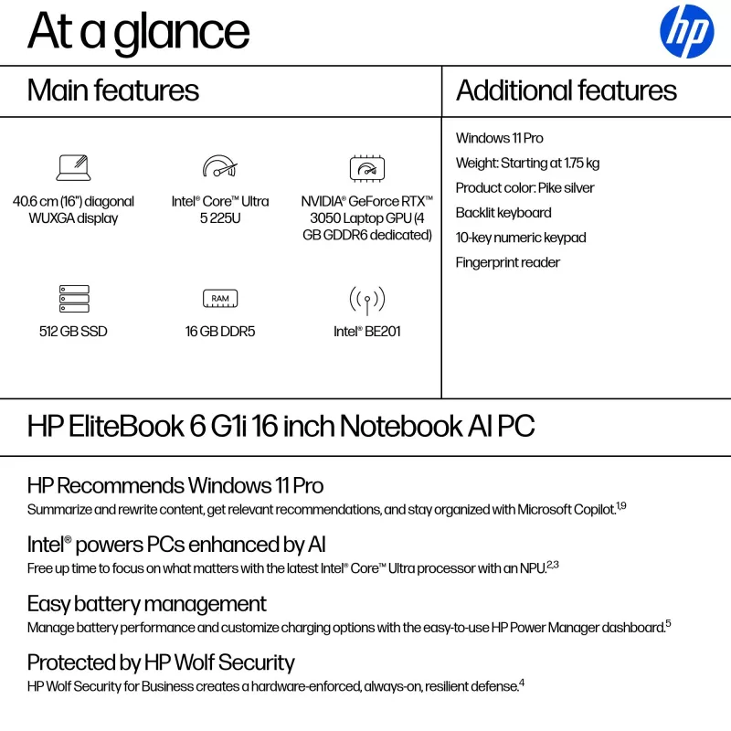 HP EliteBook 6 G1i AI nešiojamas kompiuteris Intel Core Ultra 5 225U 40,6 cm (16 colių) WUXGA 16 GB DDR5-SDRAM Wi-Fi 7 (802.11be) Windows 11 Pro AI PC sidabrinis