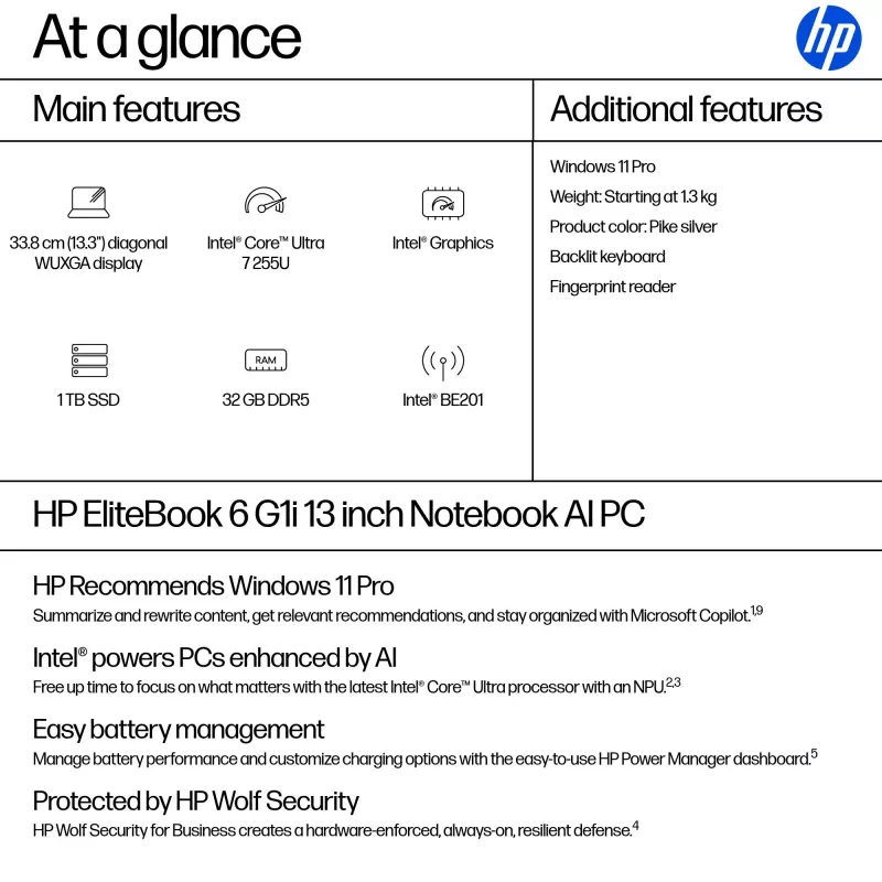 HP EliteBook 6 G1i AI PC Intel Core Ultra 7 255U nešiojamas kompiuteris 33,8 cm (13,3 col.) WUXGA 32 GB DDR5-SDRAM Wi-Fi 7 (802.11be) Windows 11 Pro sidabrinis