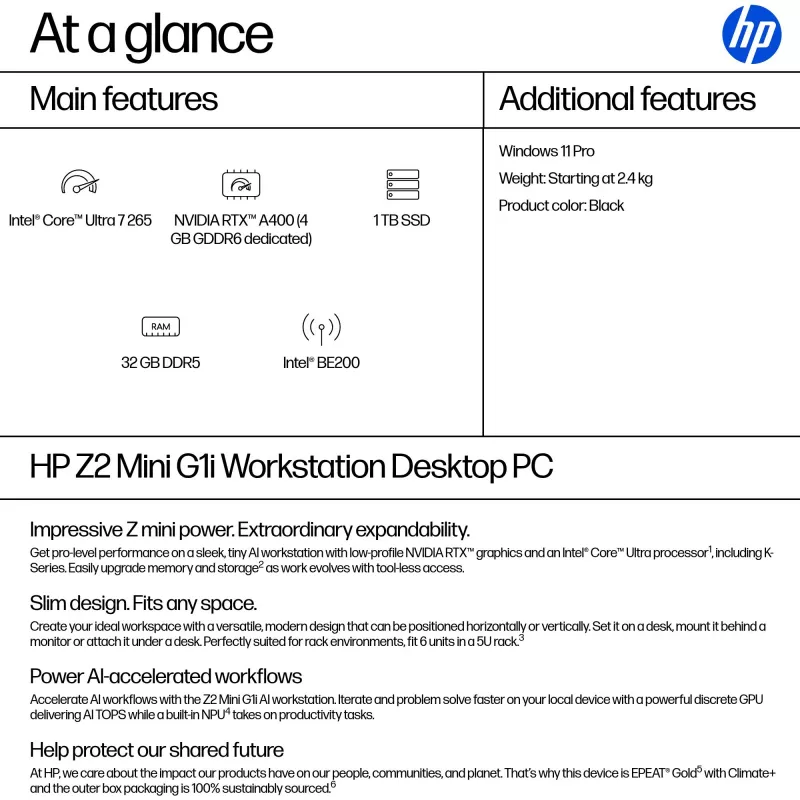 HP Z2 G1i Intel Core Ultra 7 265 32 GB DDR5-SDRAM NVIDIA RTX A400 Windows 11 Pro Mini PC darbo stotis AI darbo stotis, AI asmeninis kompiuteris