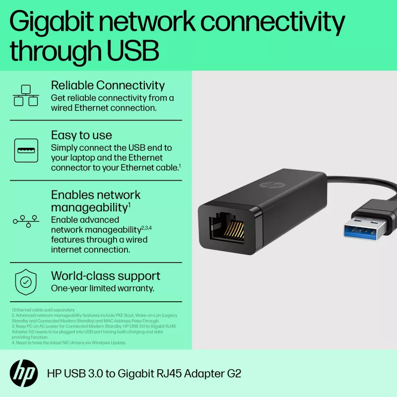 HP USB 3.0 į Gigabit RJ45 adapteris G2, laidinis, USB, Ethernet, juodas