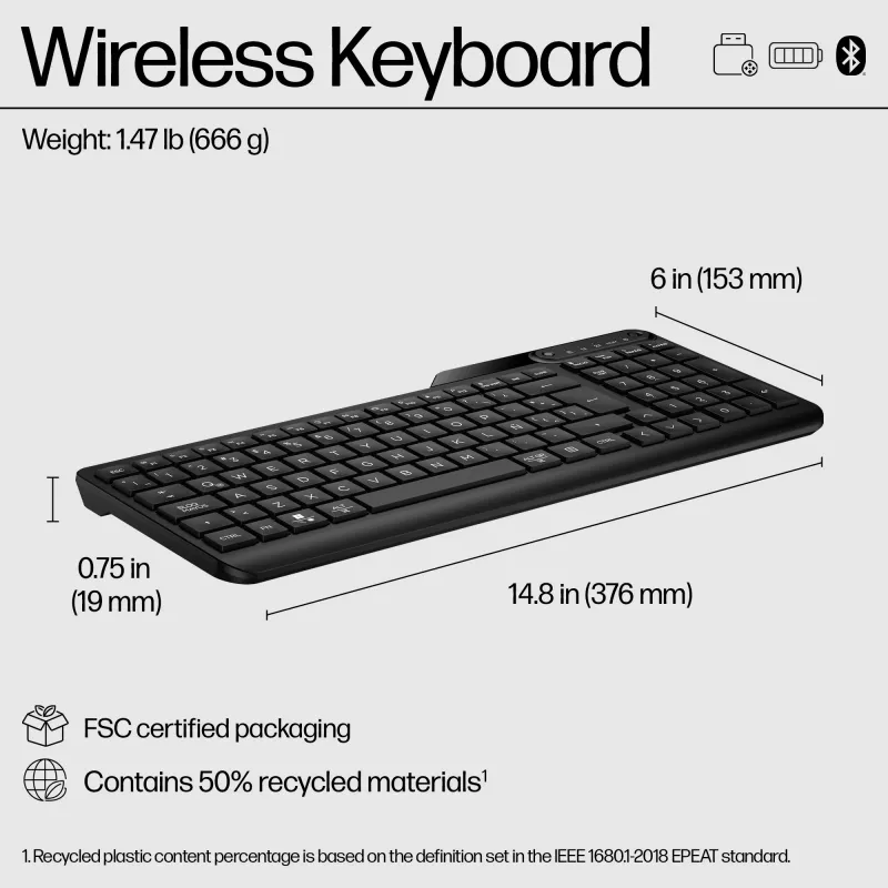 HP 475 dviejų režimų belaidė klaviatūra, pilno dydžio (100 %), belaidė, RF Wireless + Bluetooth, membraninė, juoda