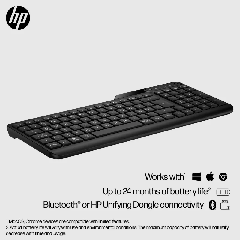 HP 475 dviejų režimų belaidė klaviatūra, pilno dydžio (100 %), belaidė, RF Wireless + Bluetooth, membraninė, juoda