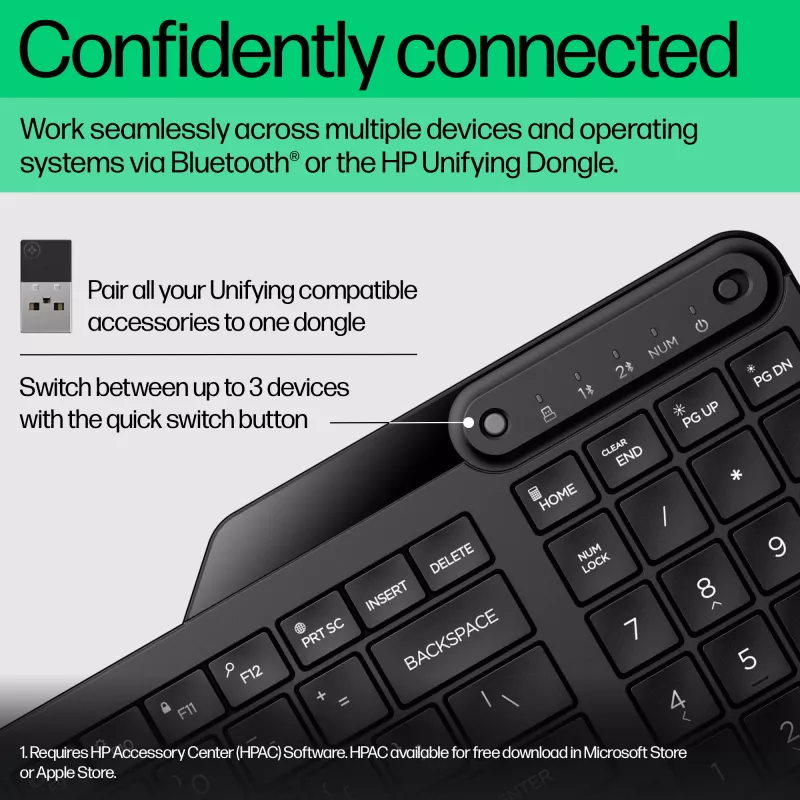 HP 475 dviejų režimų belaidė klaviatūra, pilno dydžio (100 %), belaidė, RF Wireless + Bluetooth, membraninė, juoda