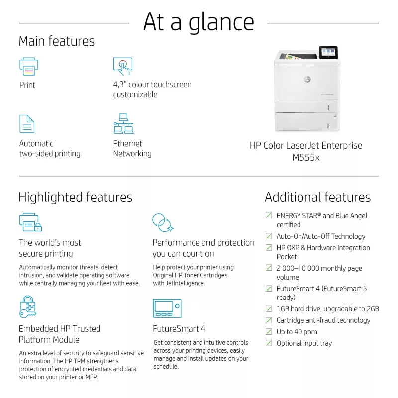 HP Color LaserJet Enterprise M555x, spalvotas lazerinis, 1200 x 1200 DPI, A4, 38 ppm, dvipusis spausdinimas
