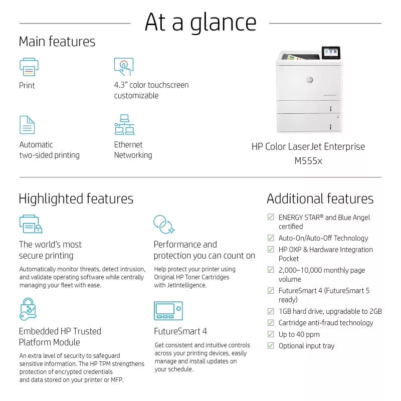 HP Color LaserJet Enterprise M555x, spalvotas lazerinis, 1200 x 1200 DPI, A4, 38 ppm, dvipusis spausdinimas