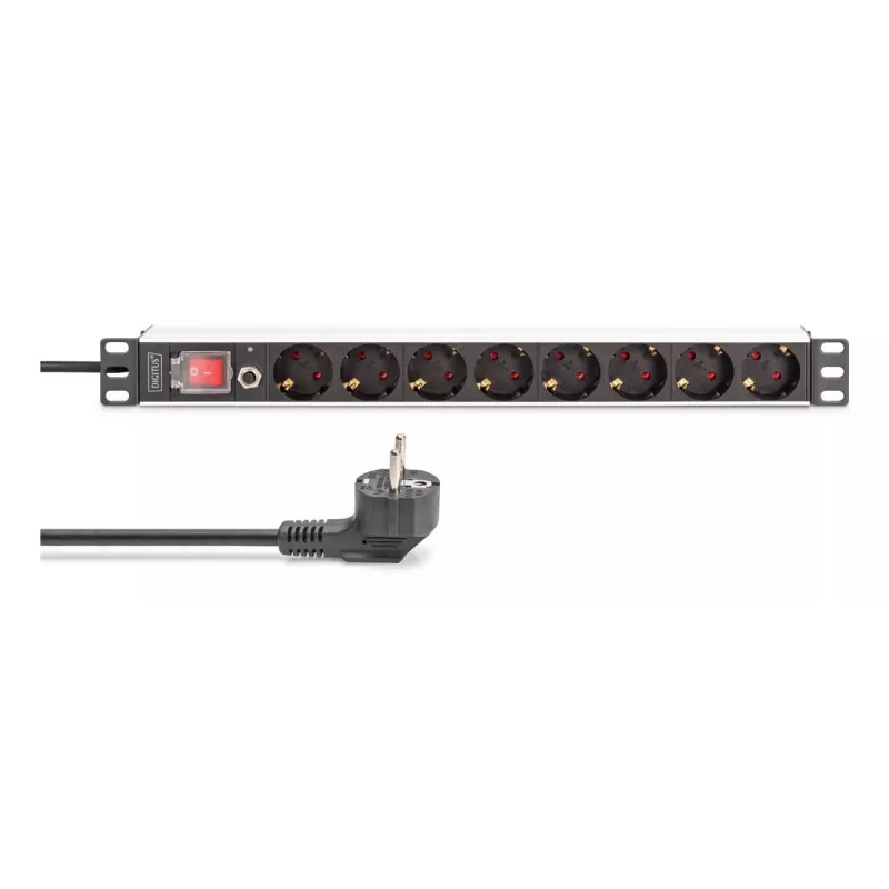 DIGITUS PDU - 1U aliumininis stovo 7x saugos + 1x lizdas 16A 4000W 250VAC 50/60Hz apsauga nuo perkrovos