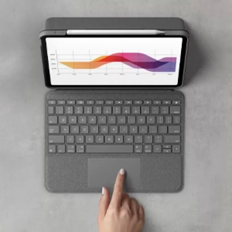 LOGITECH Folio Touch klaviatūros dėklas su foniniu apšvietimu ir valdymo kilimėliu, Oxford Grey, iPad Air (4th gen), Deutsch Qwertz