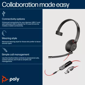 HP Poly Blackwire 5210 Monofoninis ausinių rinkinys su USB-C, 3,5 mm lizdu ir USB-C/A adapteriu (Bulk)