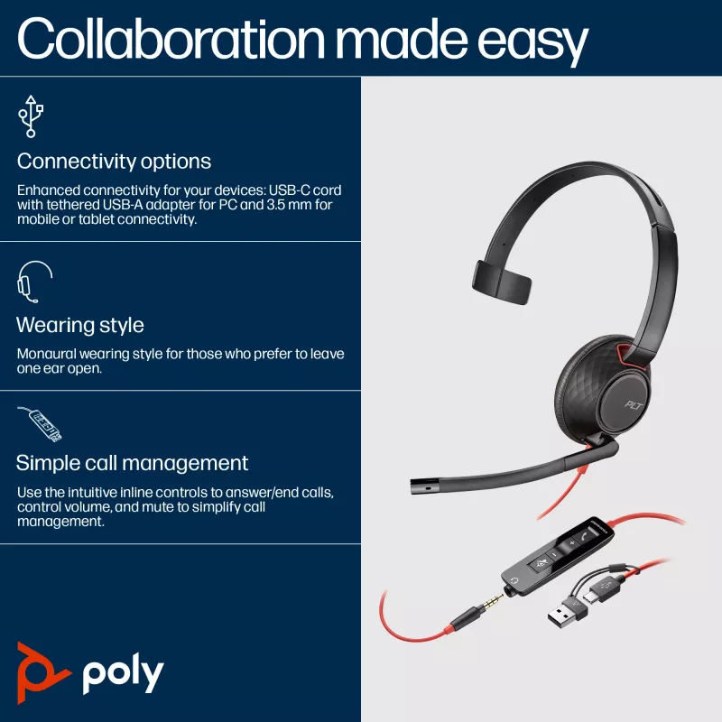 HP Poly Blackwire 5210 Monofoninis ausinių rinkinys su USB-C, 3,5 mm lizdu ir USB-C/A adapteriu (Bulk)
