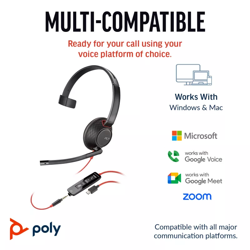 HP Poly Blackwire 5210 Monofoninis ausinių rinkinys su USB-C, 3,5 mm lizdu ir USB-C/A adapteriu (Bulk)