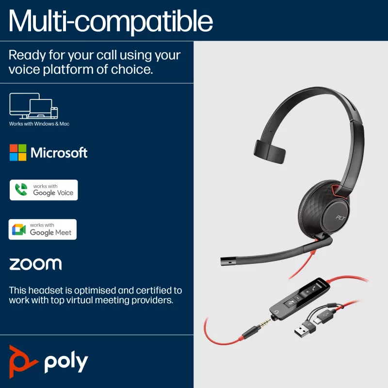HP Poly Blackwire 5210 Monofoninis ausinių rinkinys su USB-C, 3,5 mm lizdu ir USB-C/A adapteriu (Bulk)