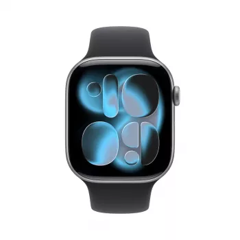 Apple Watch Series 11 GPS + Cellular 46mm kosminės pilkos spalvos aliuminio korpusas su juodu sportiniu dirželiu (M/L)