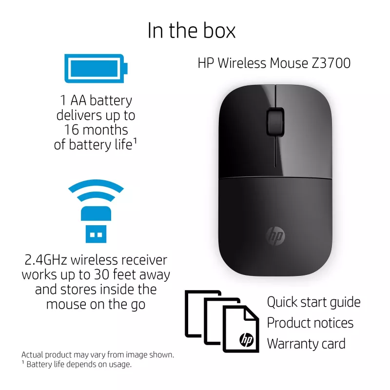 HP Z3700 juoda belaidė pelė, ambidekstrinė, optinė, RF belaidė, 1200 DPI, juoda