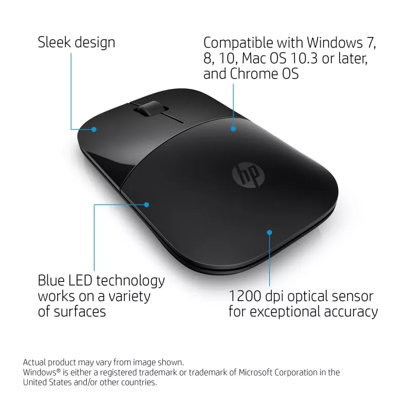 HP Z3700 juoda belaidė pelė, ambidekstrinė, optinė, RF belaidė, 1200 DPI, juoda