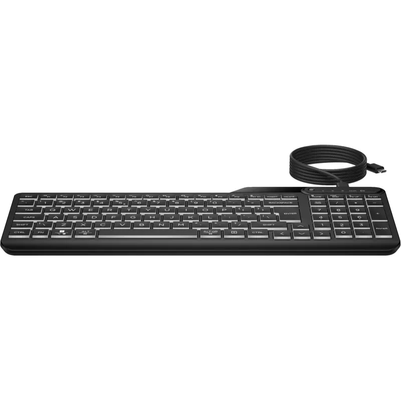 HP 405 kelių įrenginių apšviesta laidinė klaviatūra, pilno dydžio (100%), laidinė, USB, membraninė, QWERTY, juoda